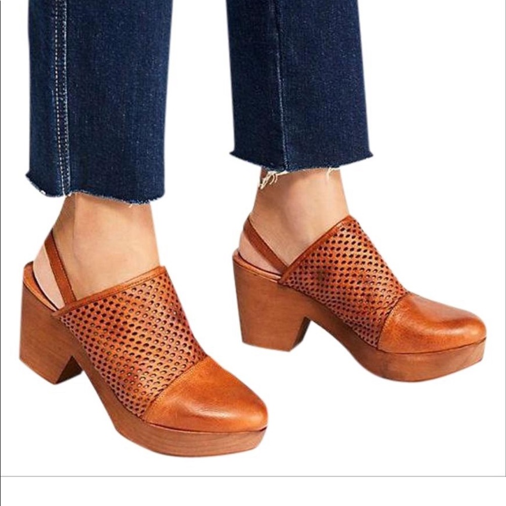 Free People Tan Perforated Leather Platform Wedges
